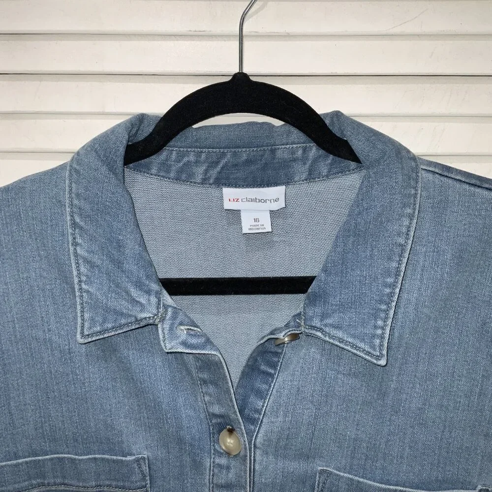 Liz Claiborne Denim Collard Short Sleeve Button Down Dress Size 16 - Picture 2 of 4